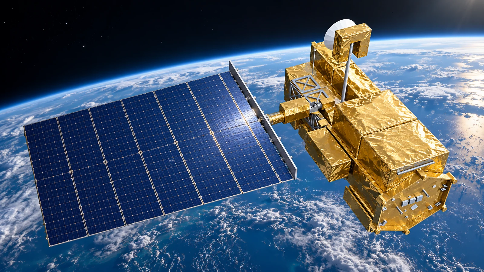 NASA Terra’dan esinlenen sinematik illüstrasyon: Dünya ufkunun önünde güneş paneli, anten ve bilim yükü taşıyan araştırma aracı